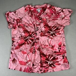 Caribbean Joe Womens Large Pink Tropical Floral Top Stretch Casual Shirt